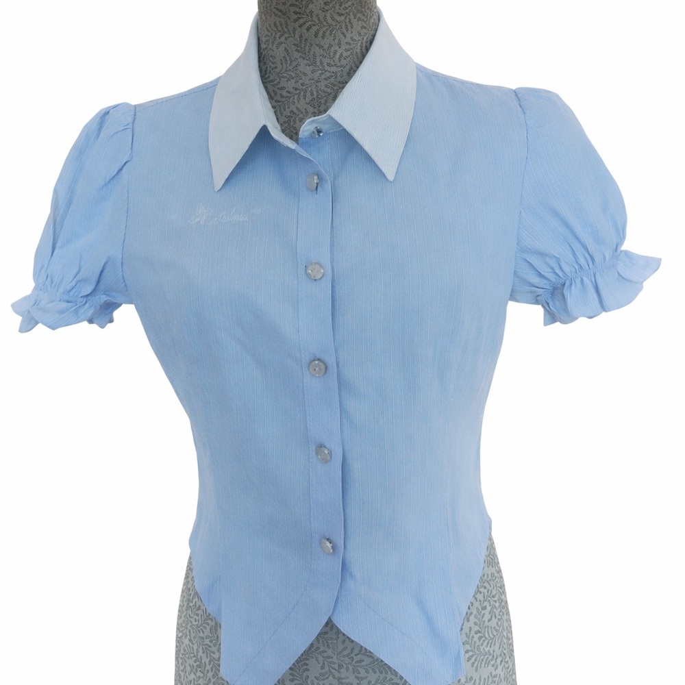 Vintage Y2K Baby Blue Ribbed Puff Sleeve Blouse w/ White Collar